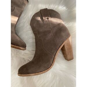 Joie Suede Leather Western Inspired Wooden Stacked Heel Boot